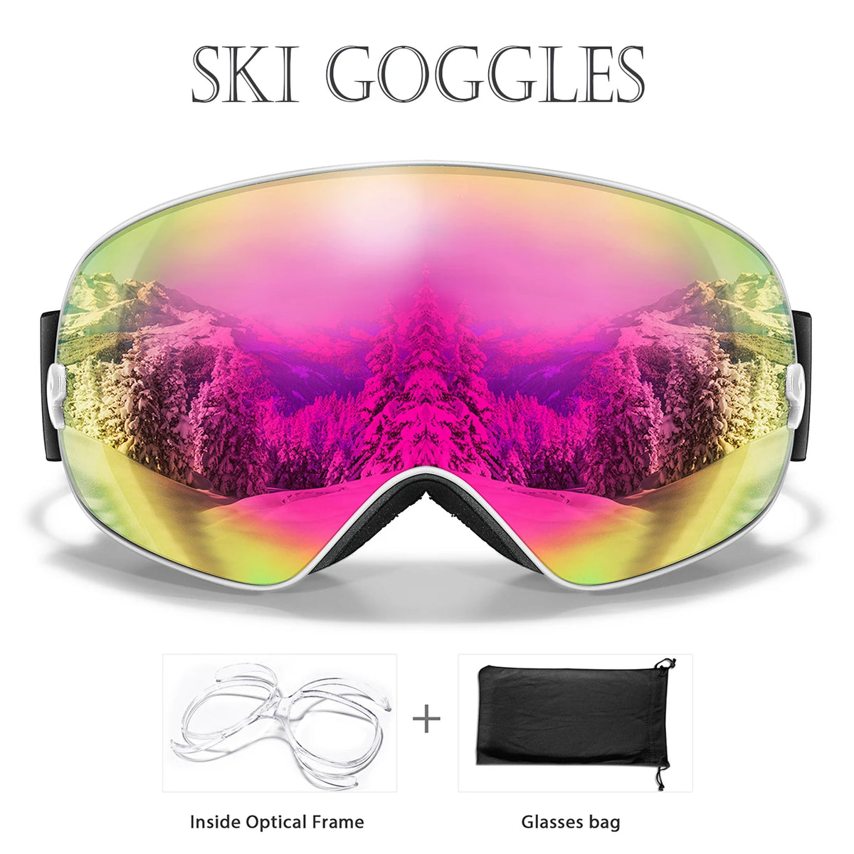 A pair of ski goggles shown with the inside optical frame and a separate glasses bag.