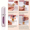 Step-by-step guide showing how to refill a mini perfume bottle atomizer using a separate perfume bottle.