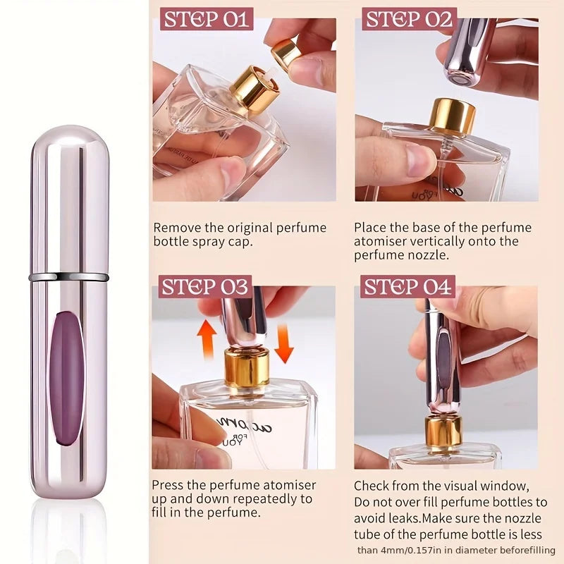 Step-by-step guide showing how to refill a mini perfume bottle atomizer using a separate perfume bottle.
