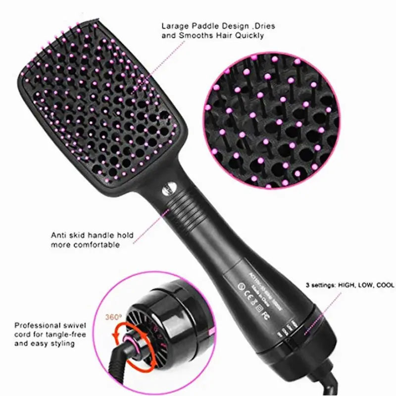 A black professional hot air brush hair styling tool with a large paddle design and anti-skid handle.