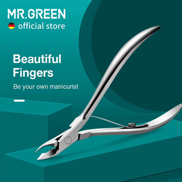 A pair of silver stainless steel cuticle nippers is shown against a teal background.