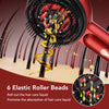 A close-up of a red electric comb with black bristles and six elastic roller beads promoting hair care liquid absorption.