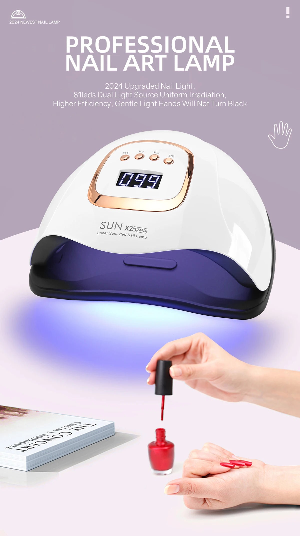 Weiße professionelle Nagellampe mit digitaler Anzeige 1099 neben einer Hand, die roten Nagellack aufträgt.