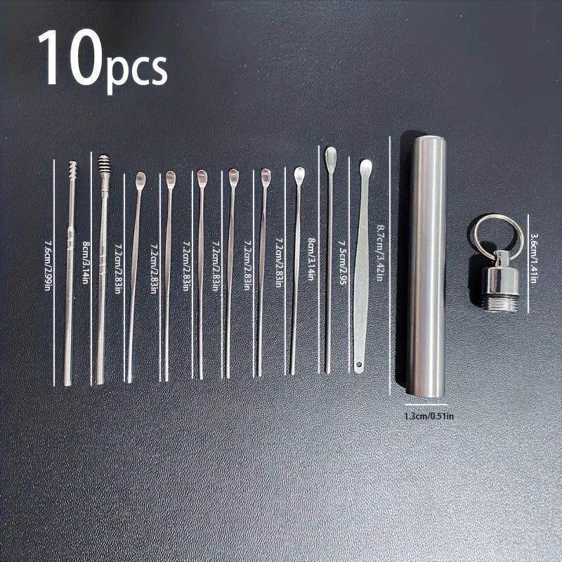 Une collection de dix outils en acier inoxydable pour retirer le cérumen, incluant divers types de cotons-tiges et de boucles