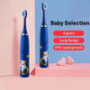 A blue electric toothbrush with a white brush head is displayed against a pink background, highlighting baby selection featur