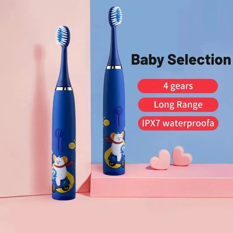 A blue electric toothbrush with a white brush head is displayed against a pink background, highlighting baby selection featur