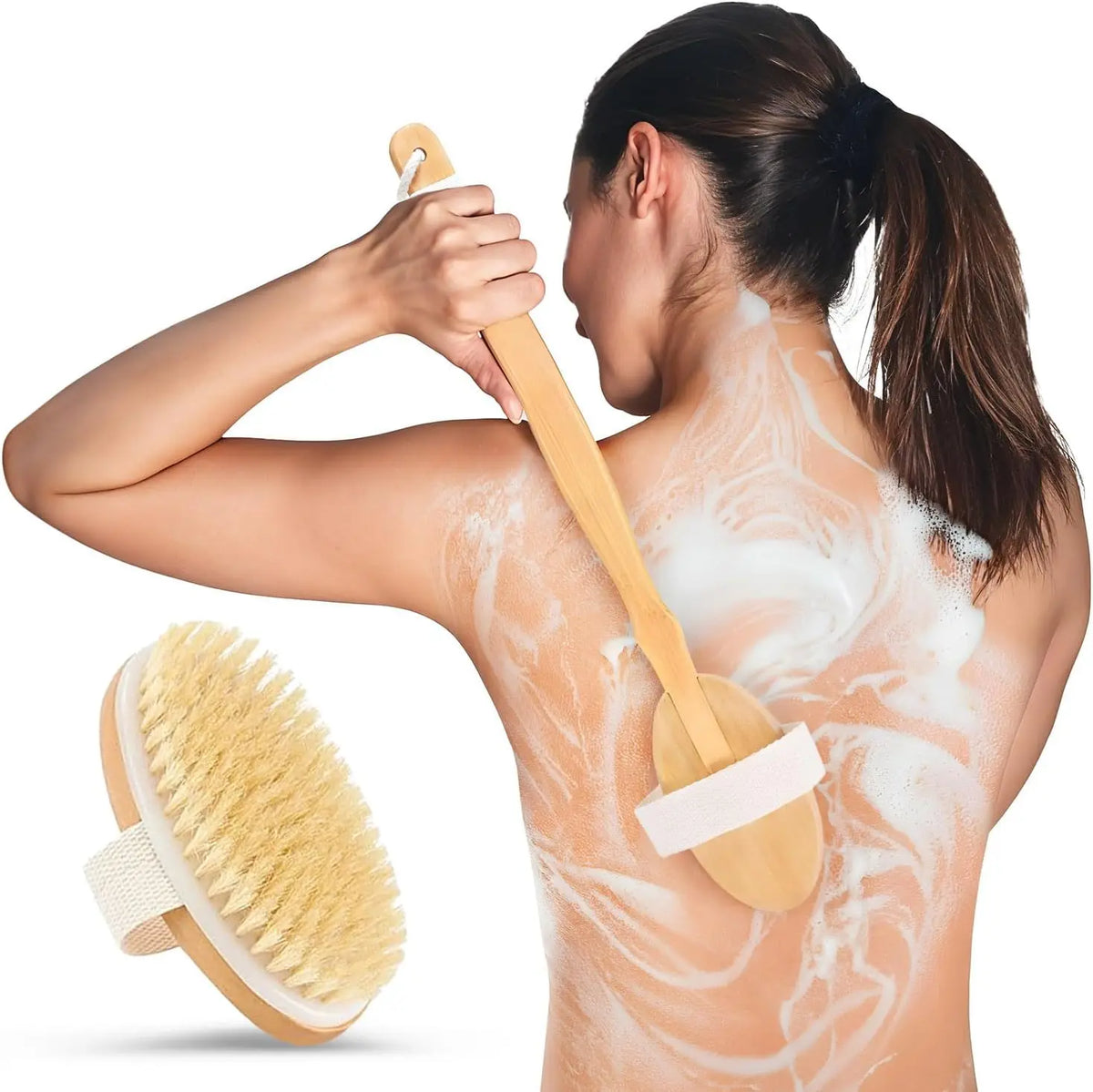 A woman is using a wooden exfoliating brush with a long handle to cleanse her back and shoulder.