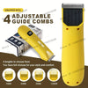 Yellow precision LED hair removal trimmer with four adjustable guide combs shown next to the product.