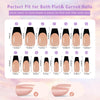 A display of 15 sizes of almond press-on nails in a nude color, showing various nail lengths and shapes.