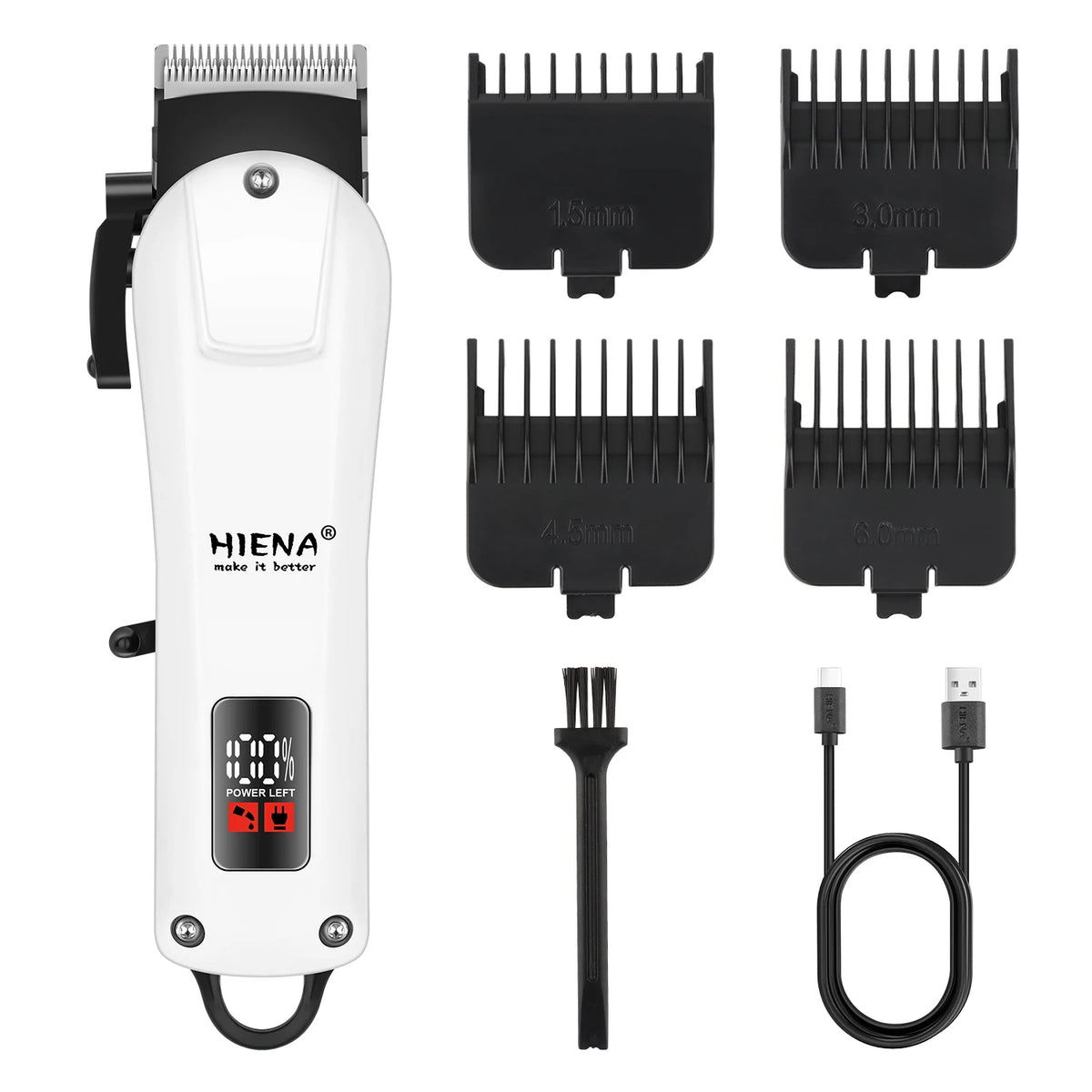 A white professional rechargeable hair clipper trimmer with various attachments and a charging cable.