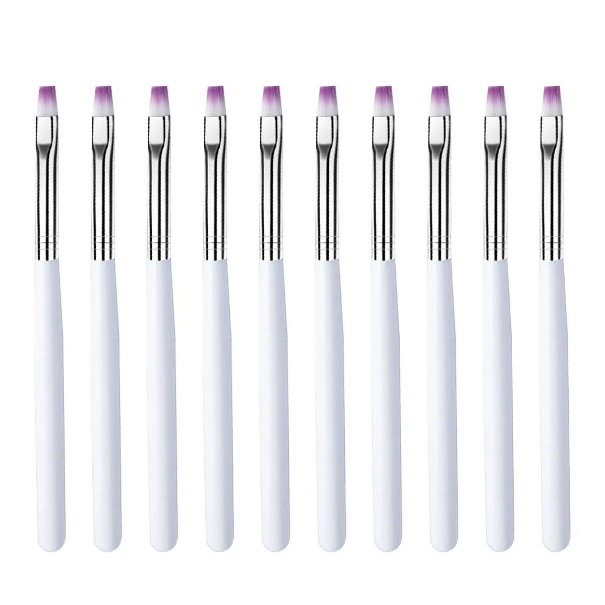 Un ensemble de pinceaux de vernis en gel professionnels avec des manches blancs et des pointes violettes, alignés.