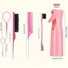 A pink 6-piece hair styling brush set with a spray bottle, showing various brushes and the bottle's dimensions.