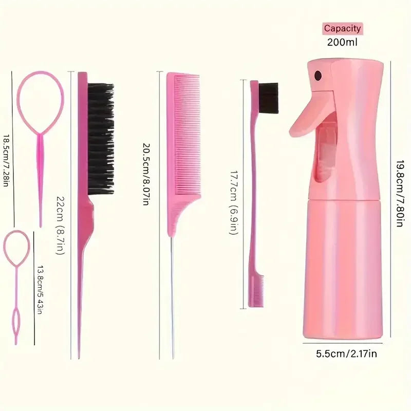 A pink 6-piece hair styling brush set with a spray bottle, showing various brushes and the bottle's dimensions.
