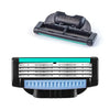 A black precision replacement razor blade head with a blue lubricating strip is shown in an open position.