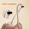 A hand is holding a stainless steel eyelash curler, demonstrating the tight clamping feature.