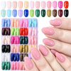 A variety of glossy press-on nails in 24 colors are displayed on a hand, showing different shades and finishes.