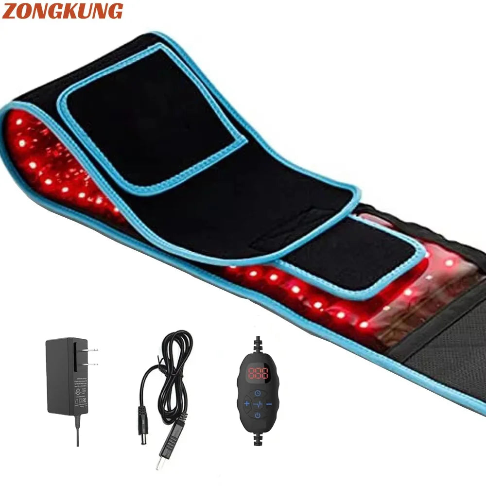 A black LED therapy belt with blue trim and red lights, along with a power cord and remote control.