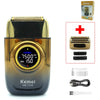 A Kemel KM-T228 professional cordless electric shaver with a gold and black finish and accessories.
