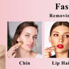 Close-up of a woman using an electric facial hair remover on her chin, lip hair, and arm.
