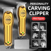 Gold- und silberner professioneller Schnitzcutter mit Miniaturfigur vor dunklem Hintergrund.