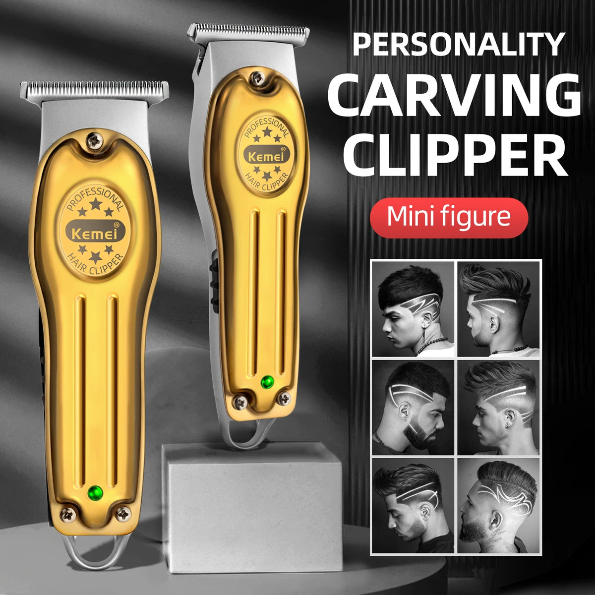 Gold- und silberner professioneller Schnitzcutter mit Miniaturfigur vor dunklem Hintergrund.