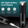 A black LED digital battery level display trimmer with a 99% battery indicator and a Type-C charging cable.