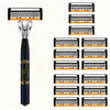 A black safety razor with a silver handle and multiple replaceable blades is shown.