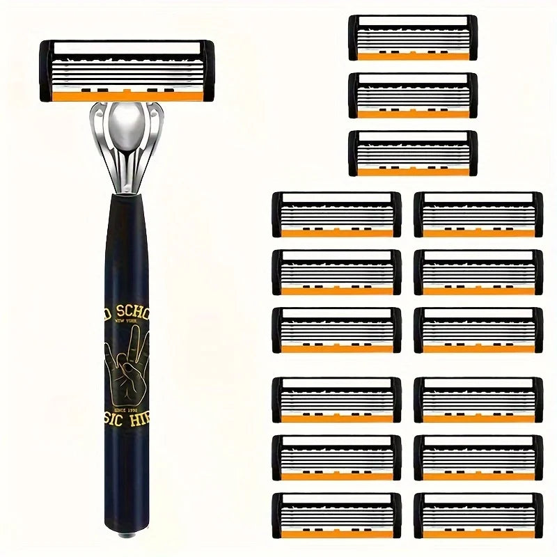 A black safety razor with a silver handle and multiple replaceable blades is shown.