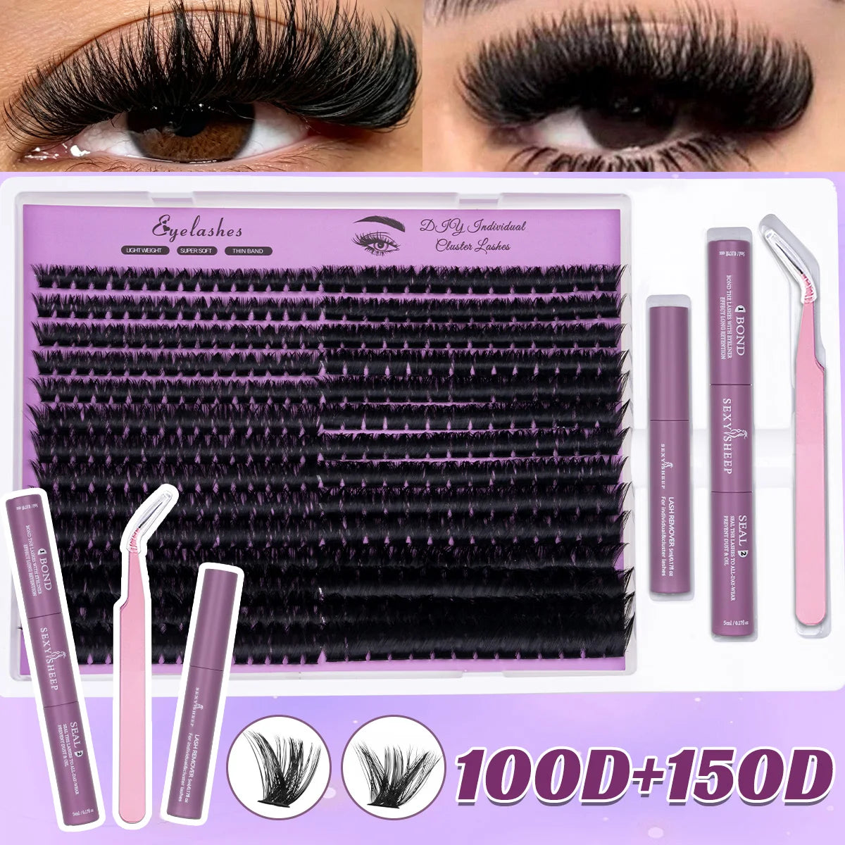 DIY-Kit für Wimpernverlängerungen mit künstlichen Wimpern, Kleber und Pinzetten