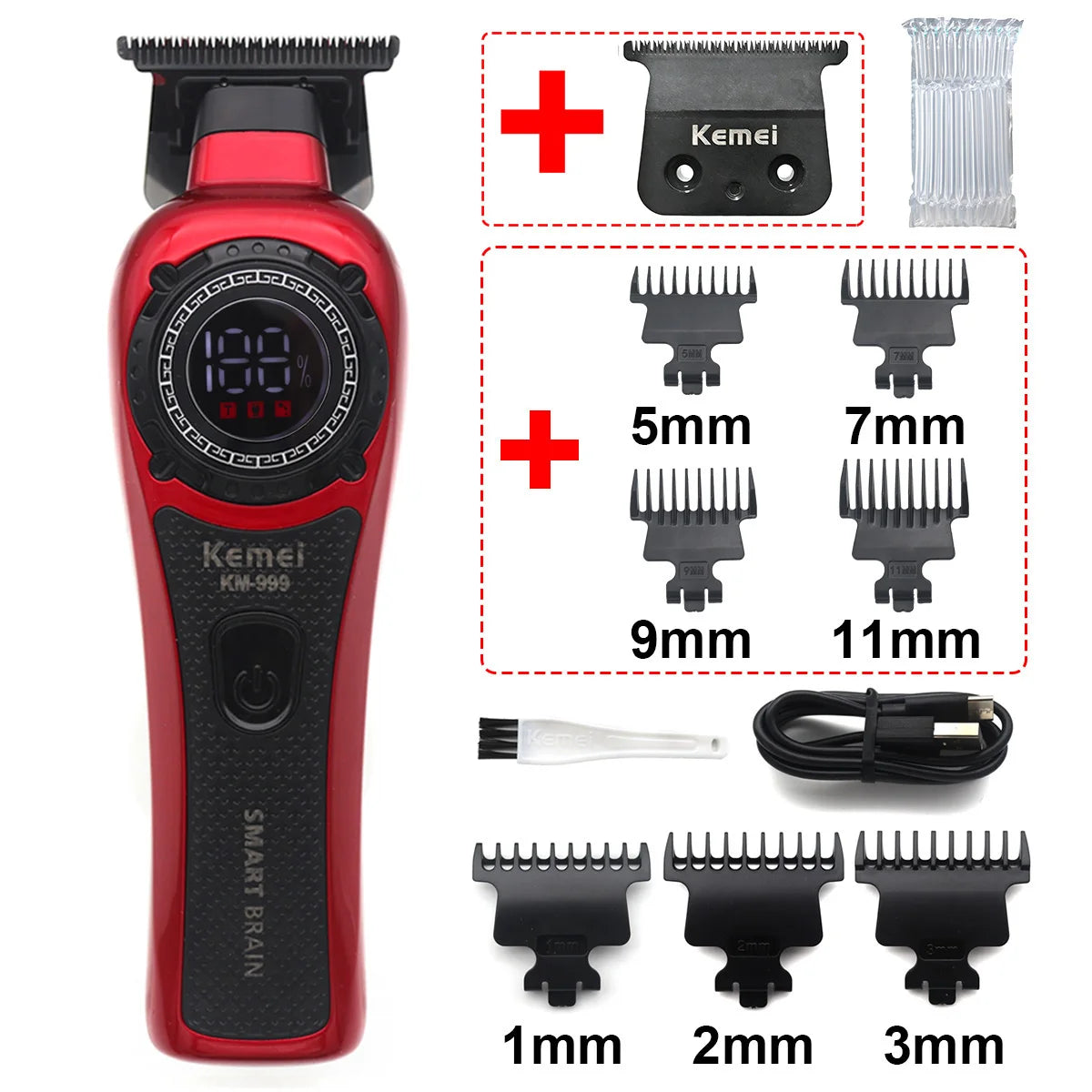 A red Kemei Smart Brain cordless hair trimmer with various interchangeable guards and attachments.