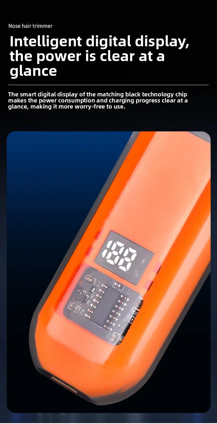 An orange professional USB nose hair trimmer with a digital display showing 100% battery level.