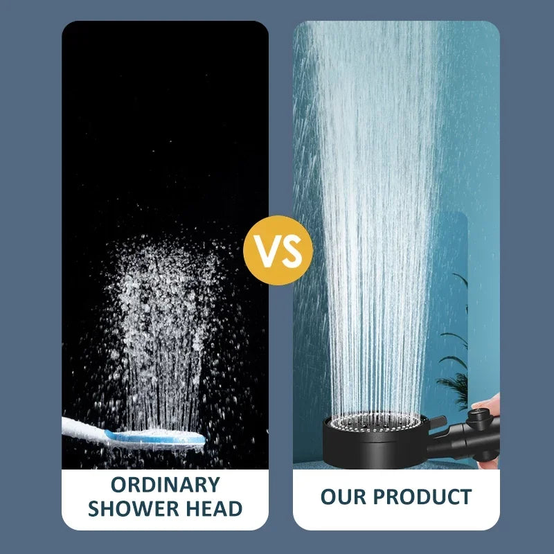Comparison showing an ordinary shower head versus a high-pressure handheld shower product.