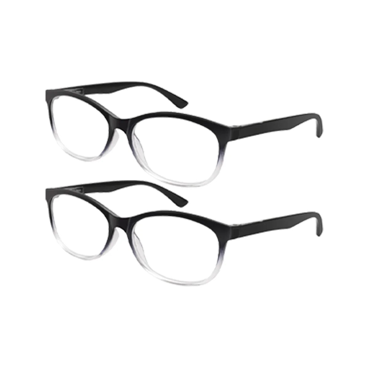 Une paire de lunettes de lecture rectangulaires noires avec des verres clairs et une monture foncée.