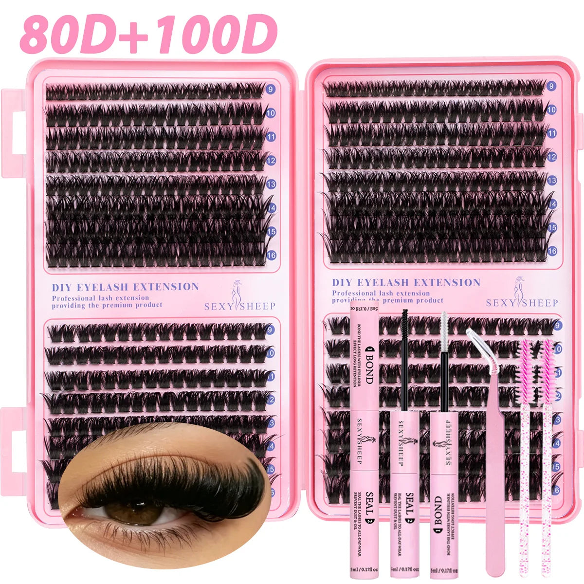 A pink kit for DIY eyelash extension featuring clusters of dark mink-like faux lashes and tools.