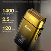 A gold-colored rechargeable lithium battery device with technical specifications displayed on the side.