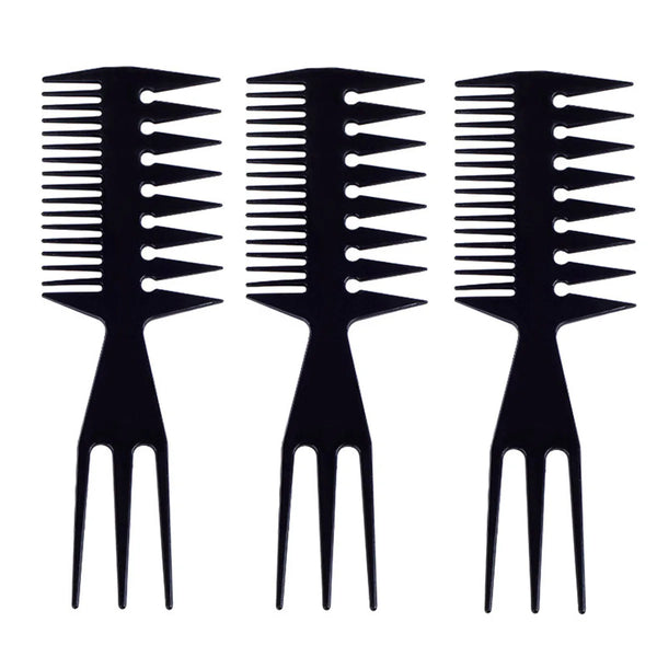 A set of three black detangling and styling combs.