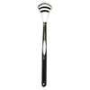 A black silicone tongue scraper with a curved handle and a textured scraping surface.