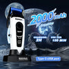 A white hair clipper with a blue battery and charging cable is shown against a dark background with a glowing Earth.