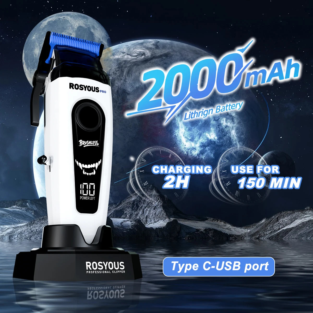 A white hair clipper with a blue battery and charging cable is shown against a dark background with a glowing Earth.