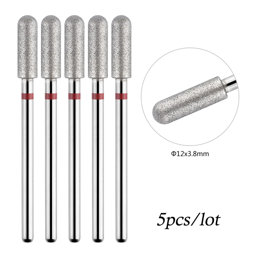 Five silver diamond nail drill bits with 3.8mm tips are shown in a row.