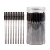 A clear jar filled with disposable eyelash and eyebrow makeup brushes, featuring black and silver bristles.