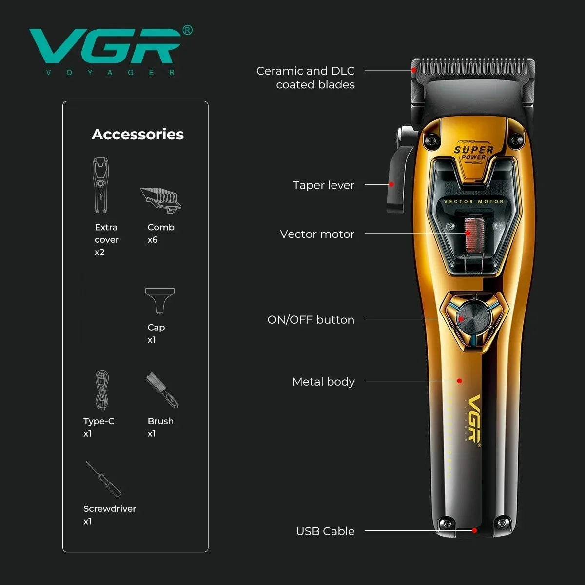 A close-up view of a yellow and black VGR electric hair clipper trimmer with various accessories displayed next to it.
