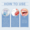 Instructions for using a tongue cleaning gel and scraper set, showing steps to gently scrape the tongue.
