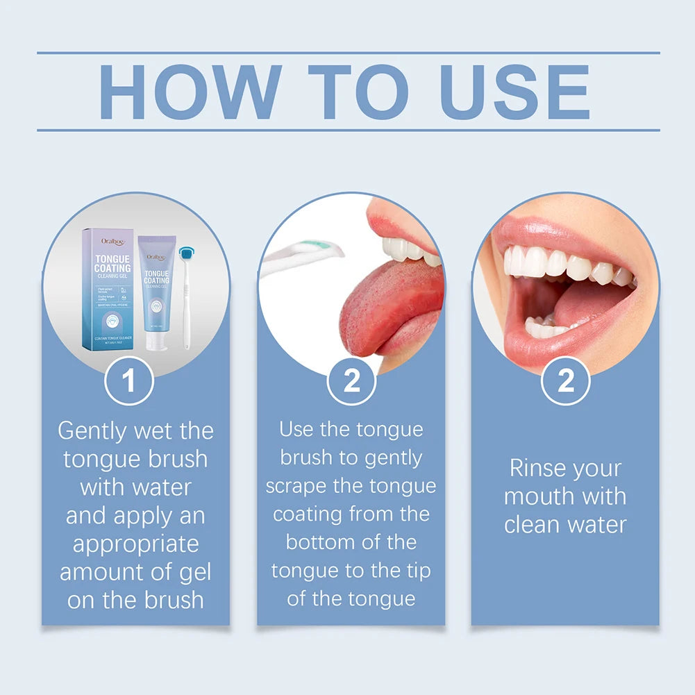 Instructions for using a tongue cleaning gel and scraper set, showing steps to gently scrape the tongue.