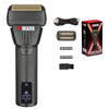 A black professional rotary hair shaver with an LCD display and various attachments shown.