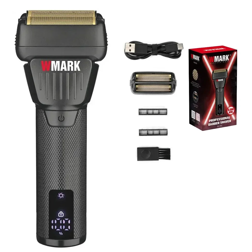 A black professional rotary hair shaver with an LCD display and various attachments shown.