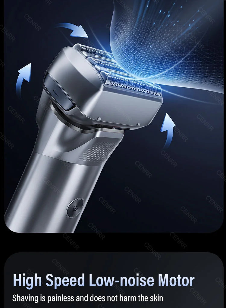 Close-up of a silver portable electric shaver with a vibrating head and body, demonstrating its high-speed low-noise motor te