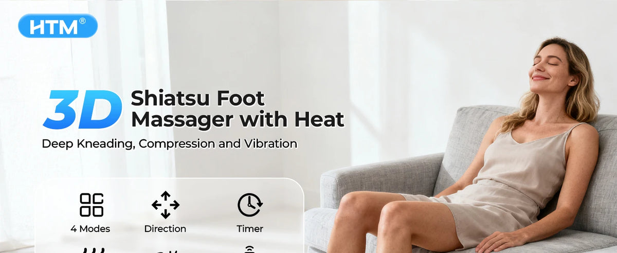 Eine Frau entspannt sich mit einem 3D Shiatsu Fußmassierer mit Wärme, der tiefes Kneten, Kompression und Vibration demonstrie