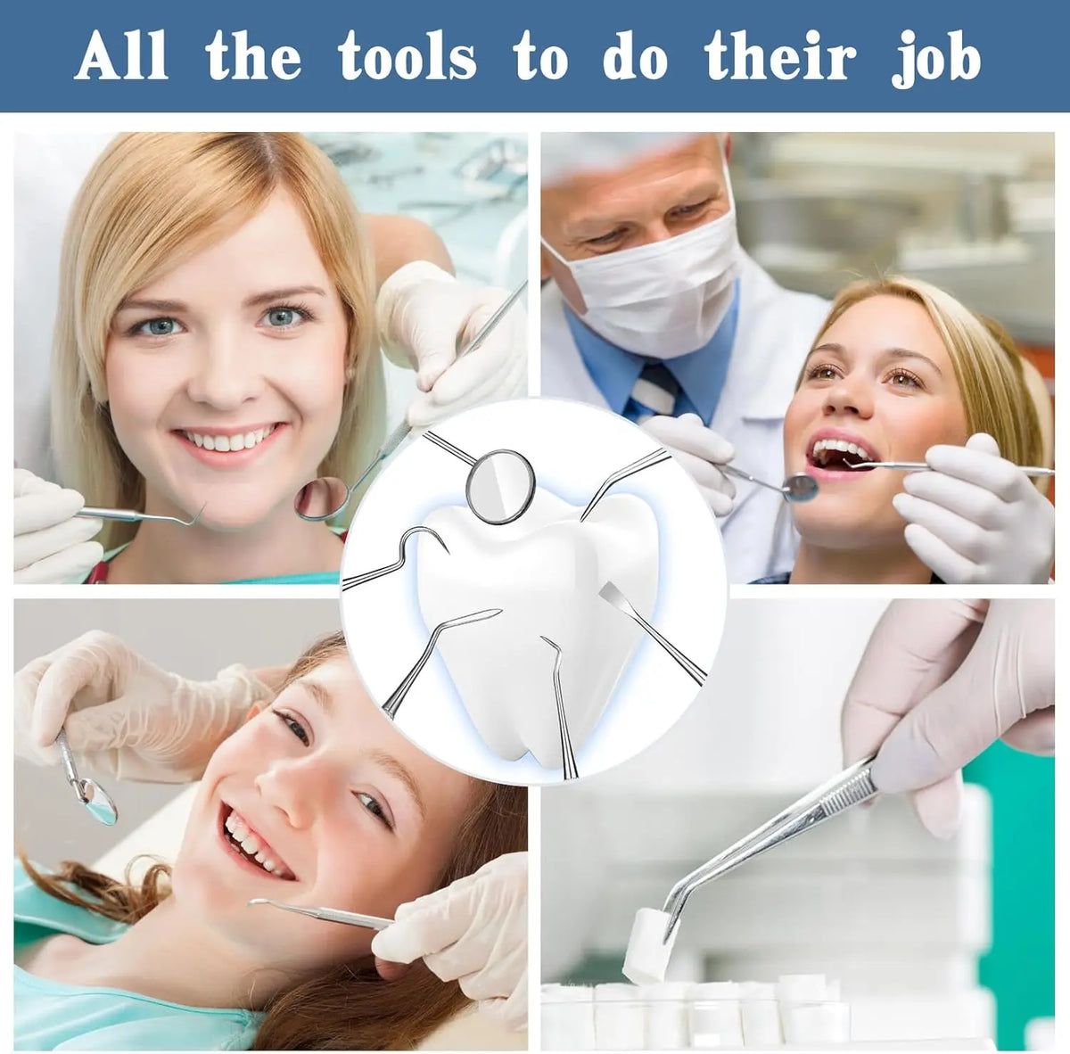 A collection of stainless steel dental cleaning tools and instruments used for professional dental work.