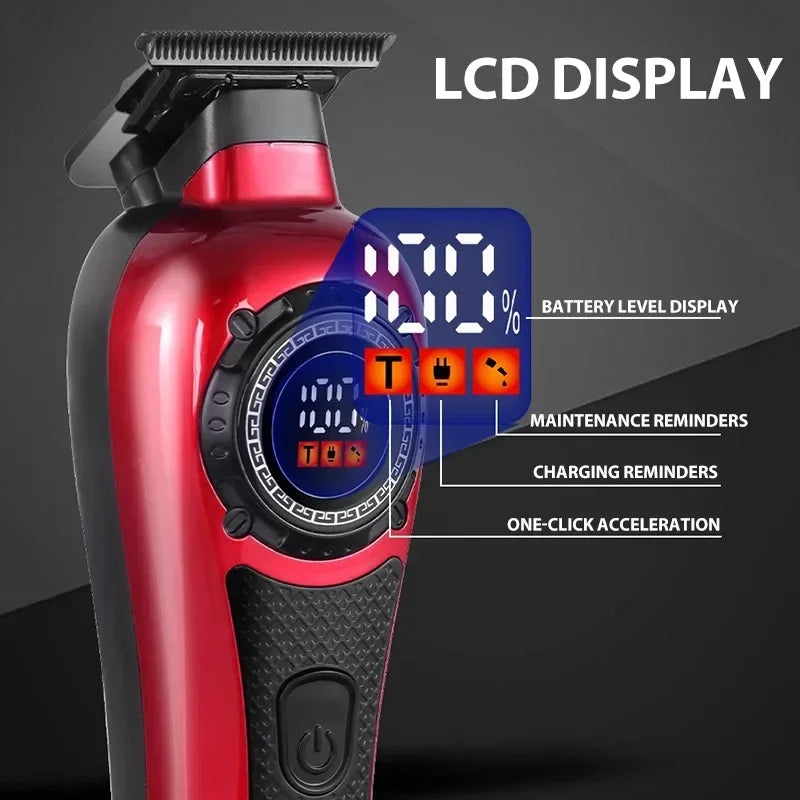 A close-up of a red electric hair clipper showing an LCD display with battery level, maintenance, charging, and acceleration 